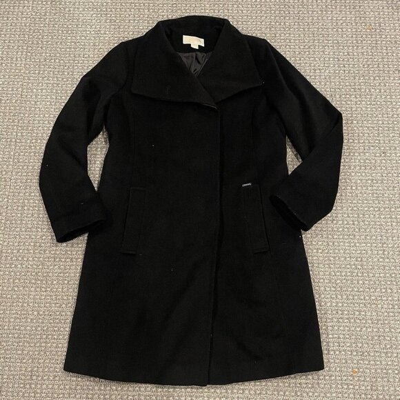 Michael Michael Kors Coat Womens Sz Large Wool Trench Hidden Buttons Black Long